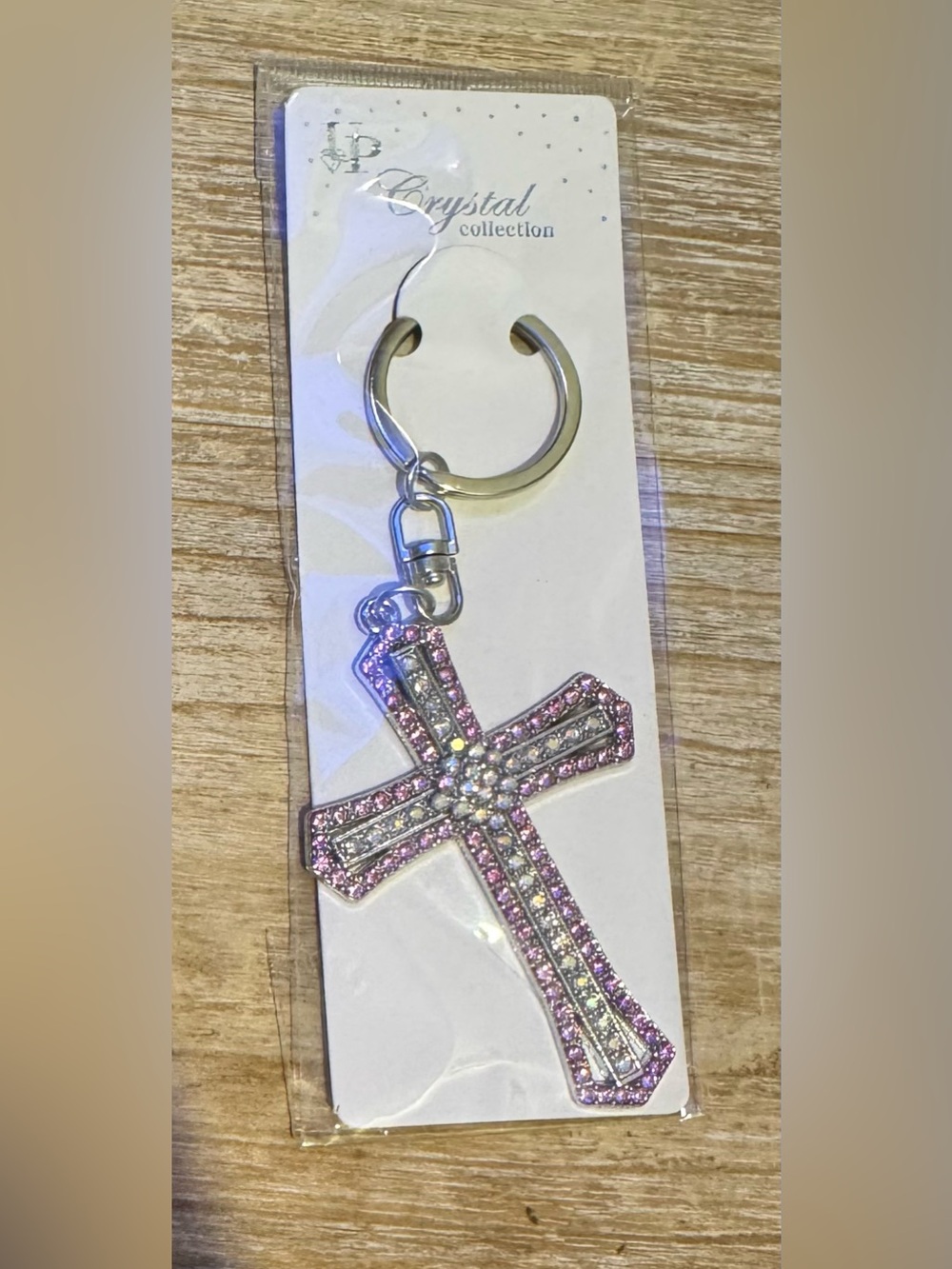 Sparkling Cross Keychain with Pink and Clear Rhinestones